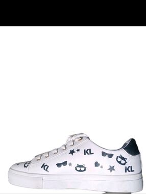 Karl Lagerfeld White Sneakers with Navy Accents and Graphic Motifs Size 10